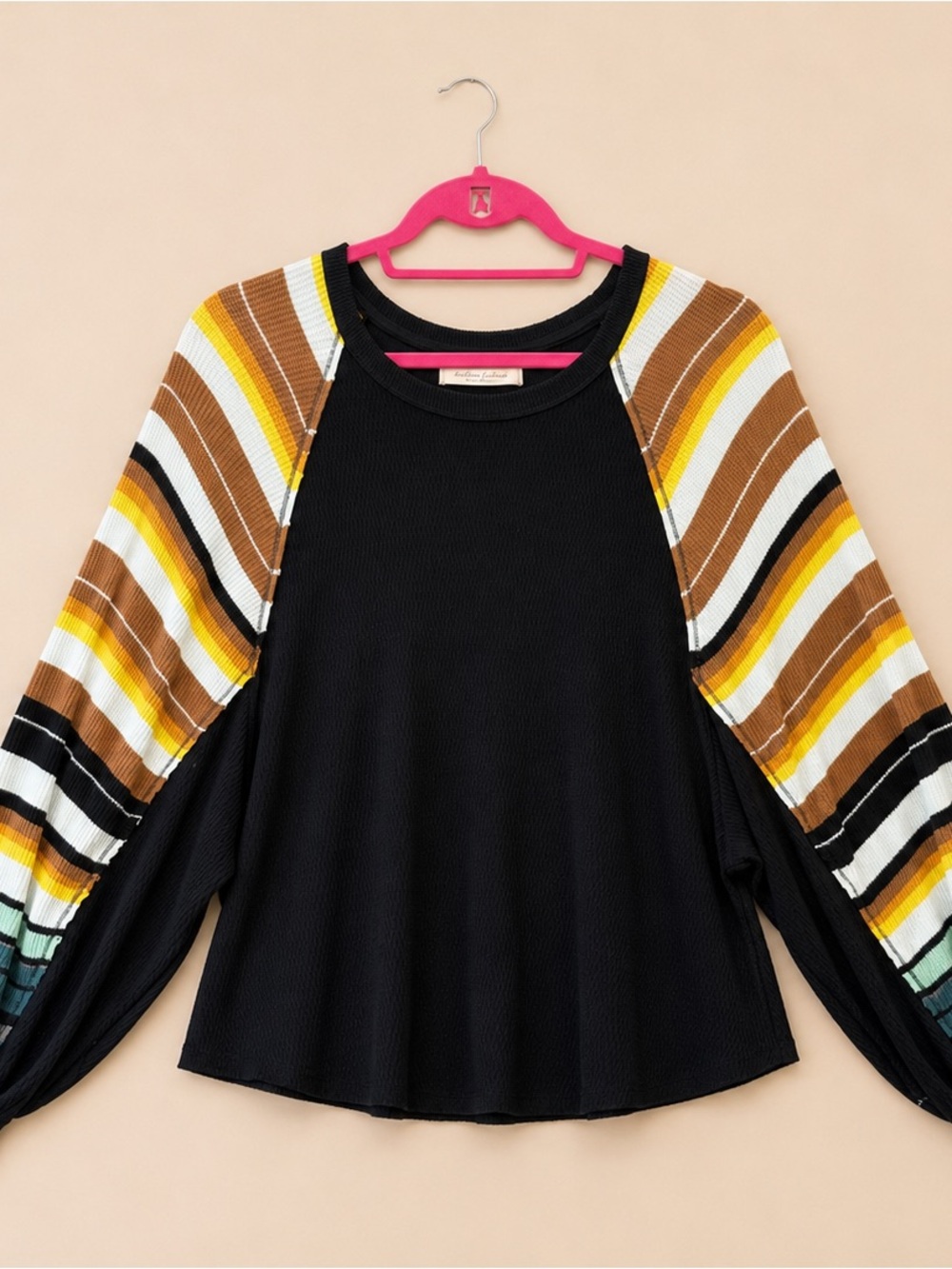 Navy Long Sleeve sweater with Striped Brown & Yellow Sleeves